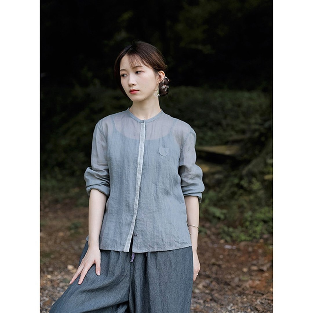 烟灰色苎麻立领暗门襟侧开叉纽扣宽松衬衫 - 女装衬衫 - 棉 