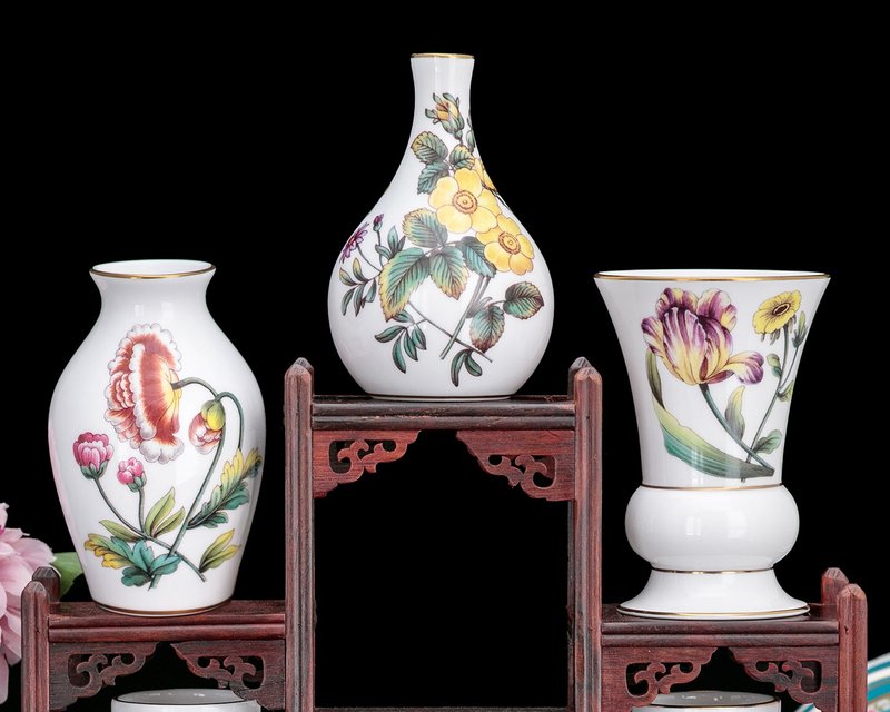 英国制Spode百花生香骨瓷陶瓷小花瓶三件套 居家装饰插花器 - 花瓶/陶器 - 瓷 