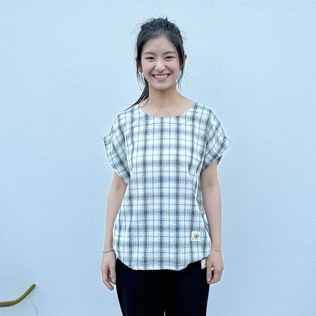 Hana Mokuba 圆领格纹微缩口连袖上衣 - 女装上衣 - 其他材质 