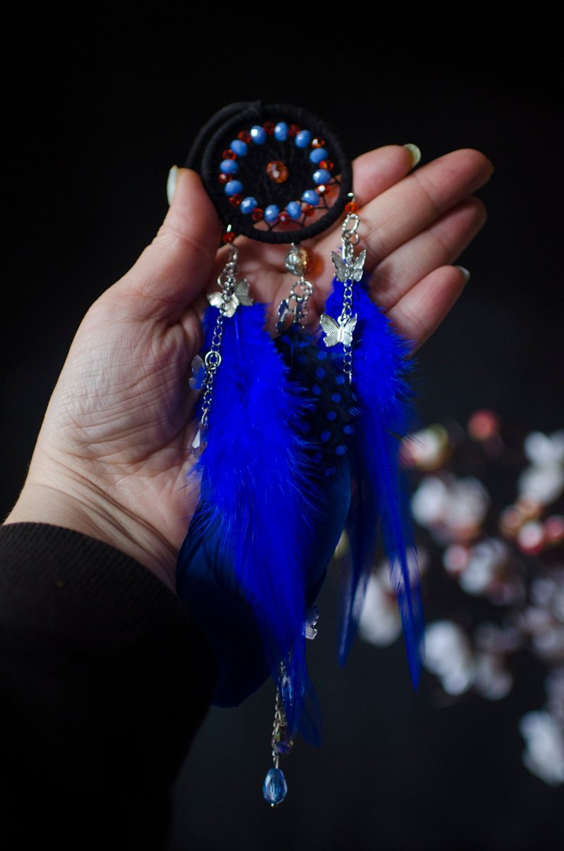 Handmade Royal Blue Dream Catcher Butterfly Car Charm - Small Blue Dreamcatcher - 墙贴/壁贴 - 玻璃 蓝色