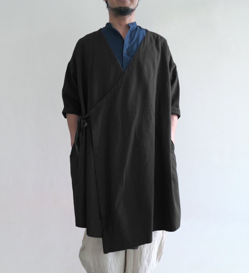 棉麻交叉绑带工作袍  | 黑 - 居家服/睡衣 - 棉．麻 黑色