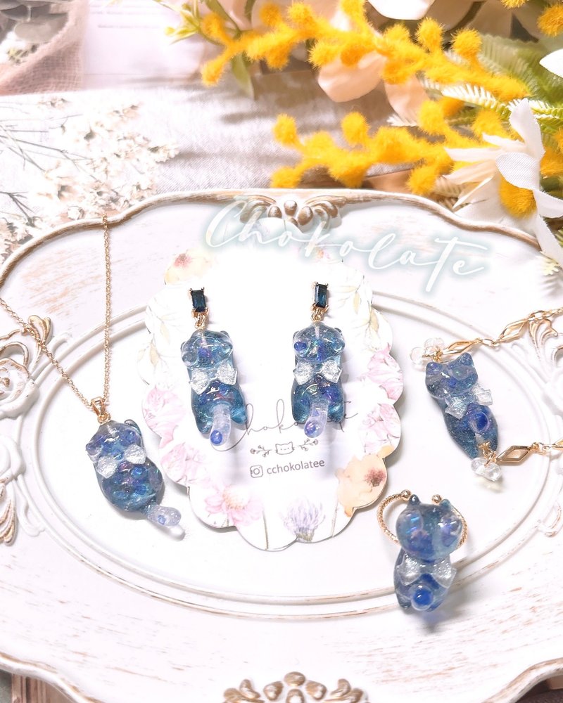 订制款 立体星空猫咪手链 颈链 项链 耳环 耳夹 戒指 - 手链/手环 - 树脂 蓝色