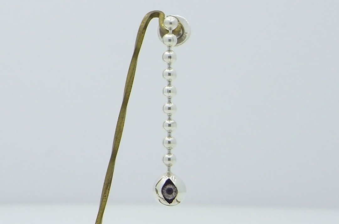 stare ball chain Pierce_2 (s_m-O.38) 銀 玻 眼 睛 目 穿孔耳环 sterling silver glass eye - 耳环/耳夹 - 纯银 银色