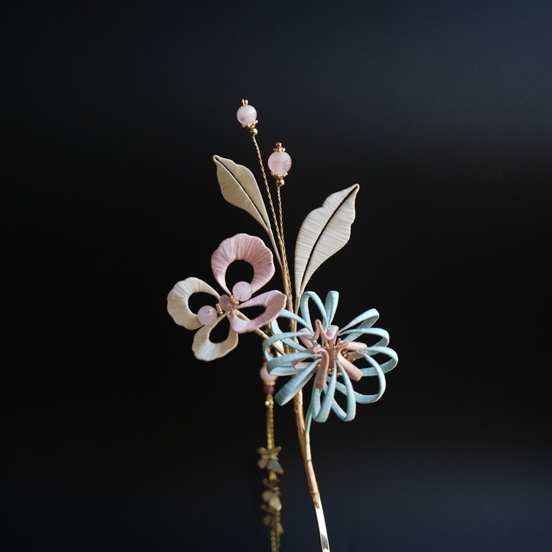 【花火】天然石 春仔花 缠花 发簪 | 蝴蝶 烟火 花 粉晶 莫兰迪 - 发饰 - 绣线 多色