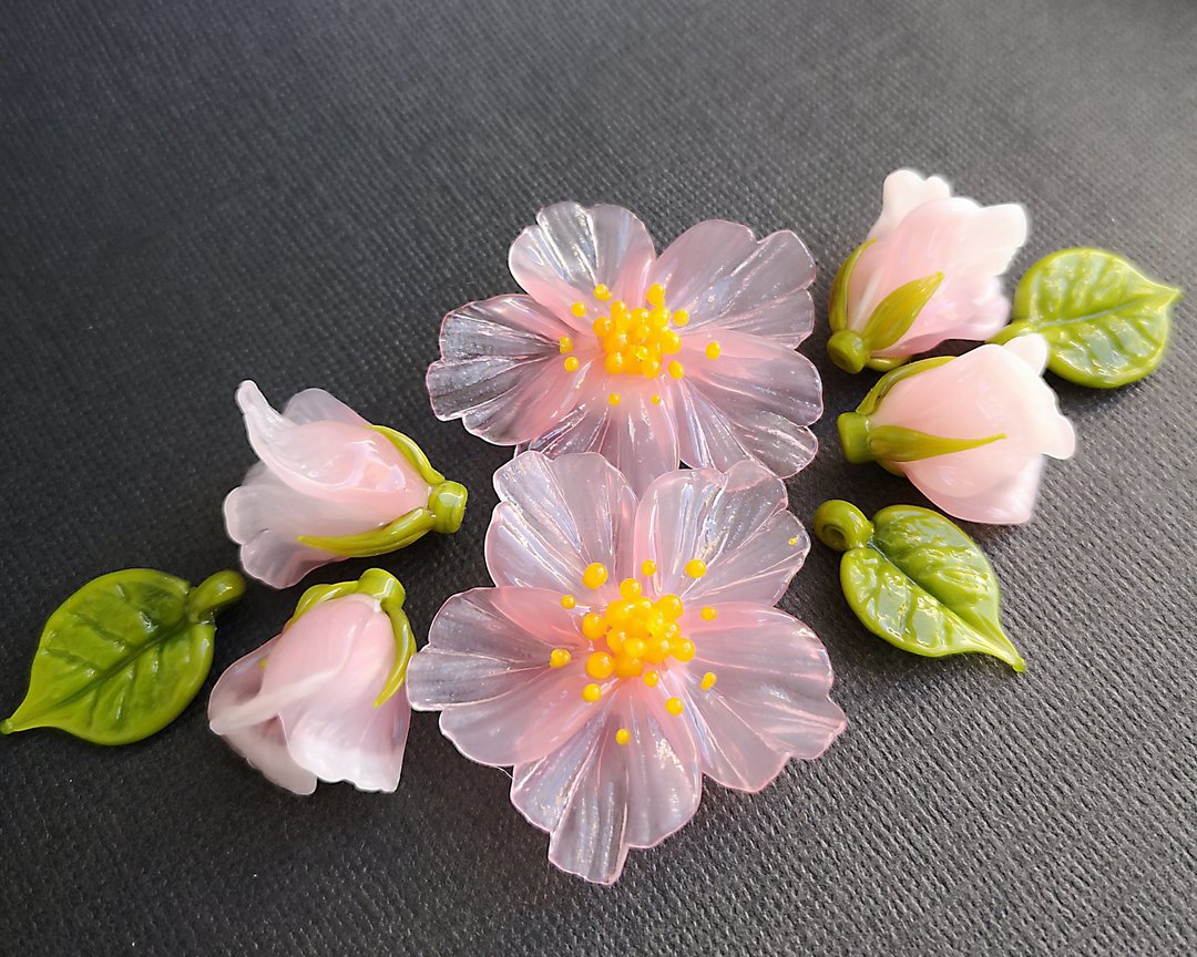 Pink Flower Glass Beads, set of 9 pcs Unique Handmade Lampwork Glass Flowers - 陶艺 - 玻璃 粉红色
