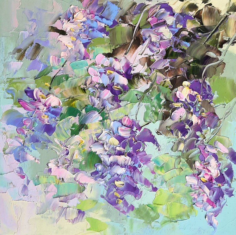 Wisteria Painting Floral Original Art Impasto Oil Painting Flowers Artwork - 海报/装饰画/版画 - 纸 多色