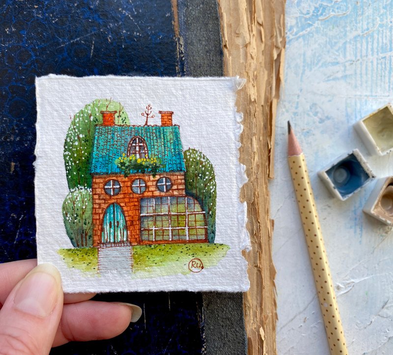 Cottage painting Tiny Original watercolor Mini art Small wall art by Rubinova - 海报/装饰画/版画 - 纸 多色