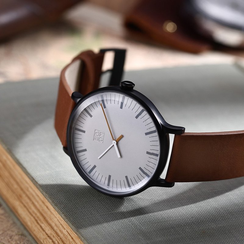 JAZZ 3847 时光协奏曲极简设计概念皮革手表 - 白灰 - 男表/中性表 - 真皮 灰色