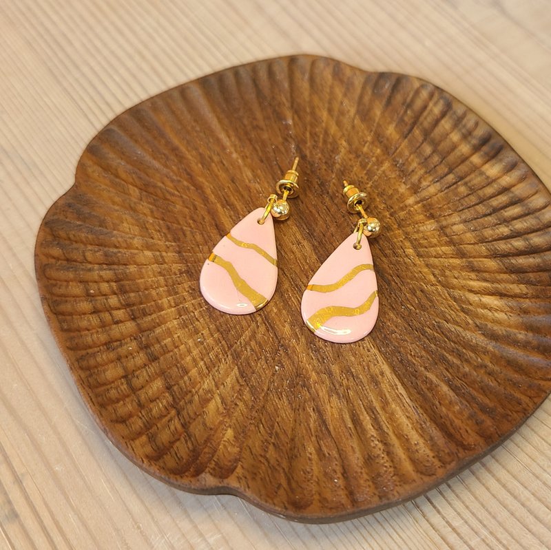 24K纯鎏金粉红色釉彩耳环 (水滴形) - 耳环/耳夹 - 瓷 粉红色