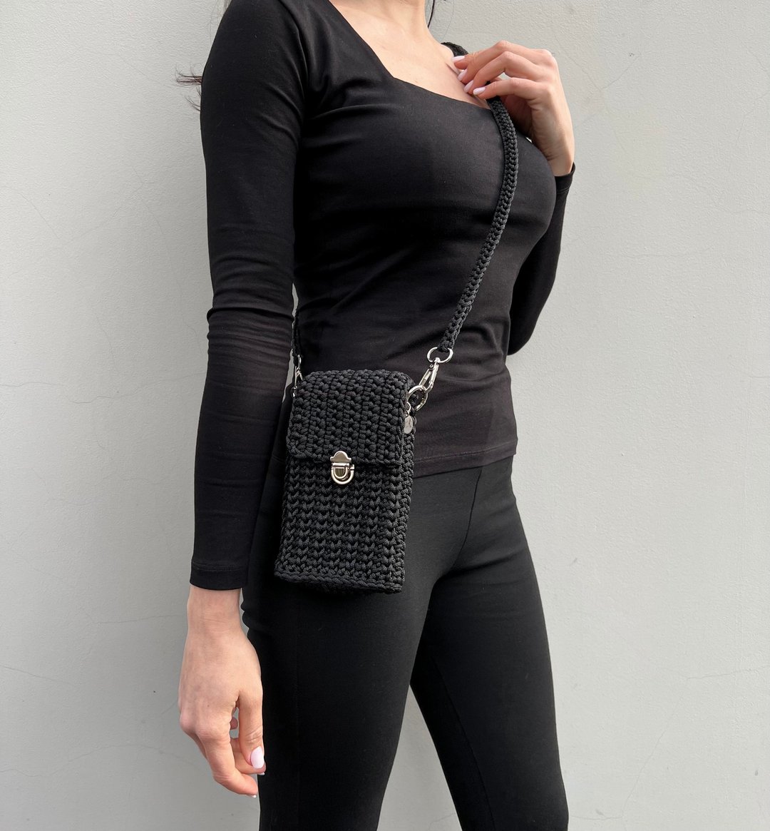 Black Phone Bag, Summer Crossbody, Card Bag, Phone Case, Small Bag - 侧背包/斜挎包 - 聚酯纤维 黑色
