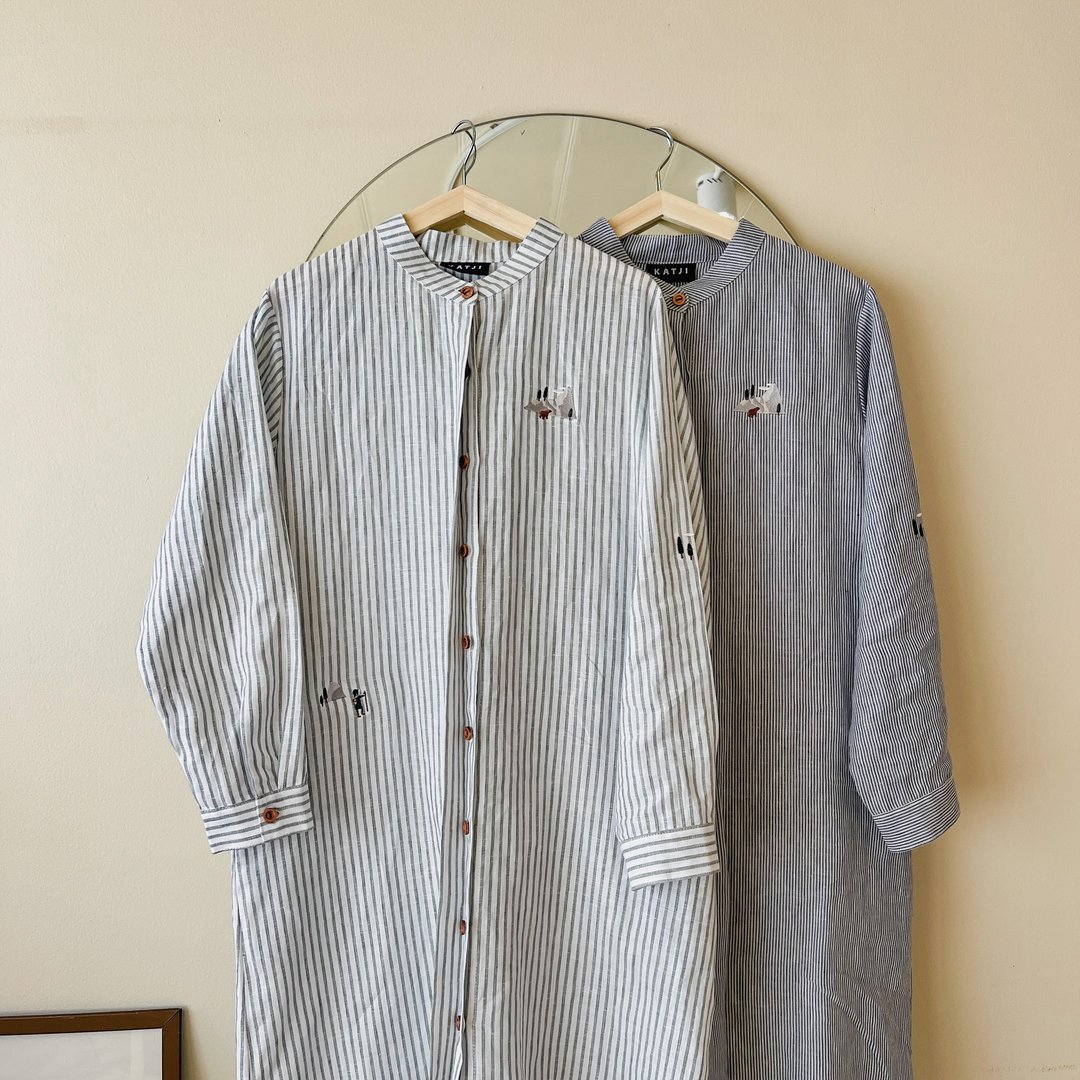 Holly 麻质连身洋装 Blue Stripes 蓝色的条纹 - 洋装/连衣裙 - 棉．麻 蓝色