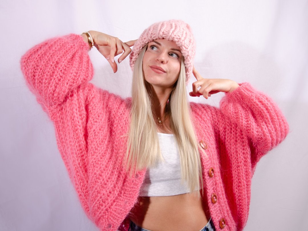 Pink Mohair Cardigan for women. Mohair pink sweater oversized. Pink Jacket - 女装针织衫/毛衣 - 羊毛 粉红色