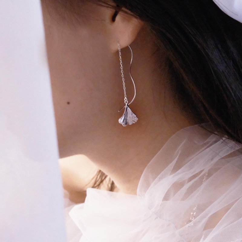 银杏系列-垂吊耳环 - 耳环/耳夹 - 其他金属 银色