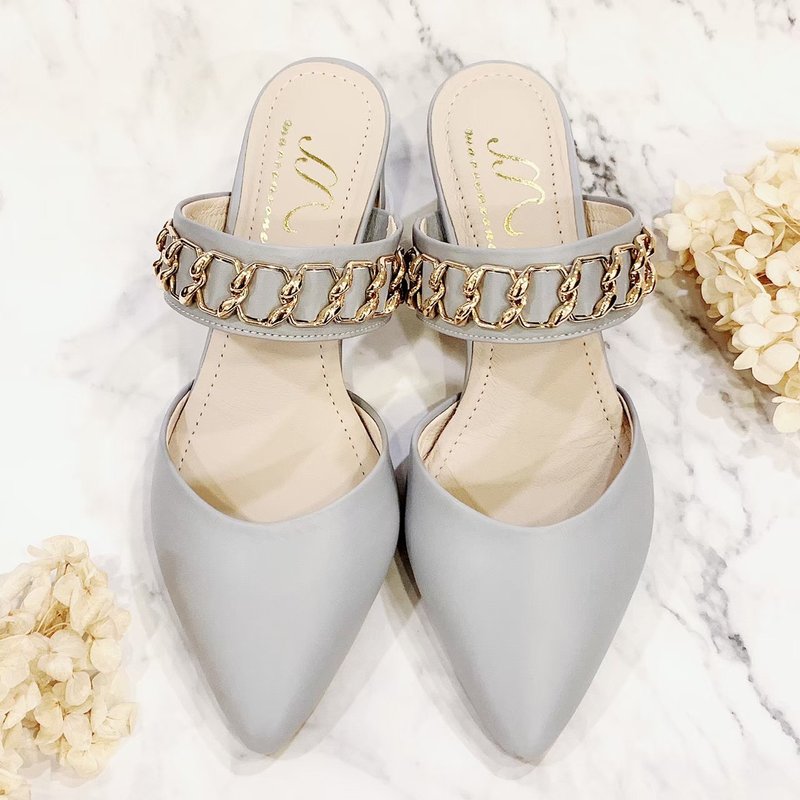 时尚金链穆勒鞋-蓝 - 高跟鞋 - 真皮 