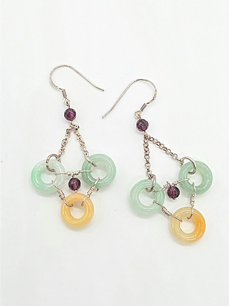 s925纯银 天然翡翠 A货 绿黄双色玉圈耳环 | 手作定制  手链 项链 - 耳环/耳夹 - 玉石 