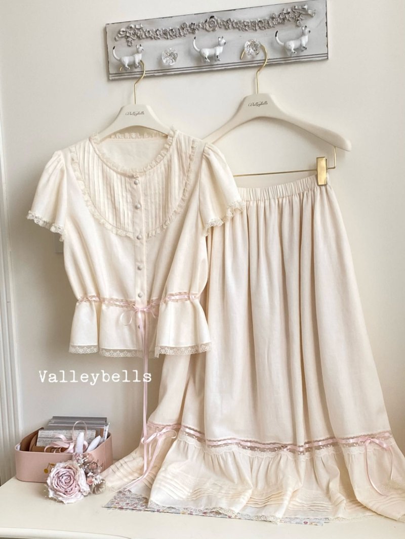 法式少女  vintage复古蕾丝 小飞袖衬衫 半裙 - 女装上衣 - 棉．麻 粉红色