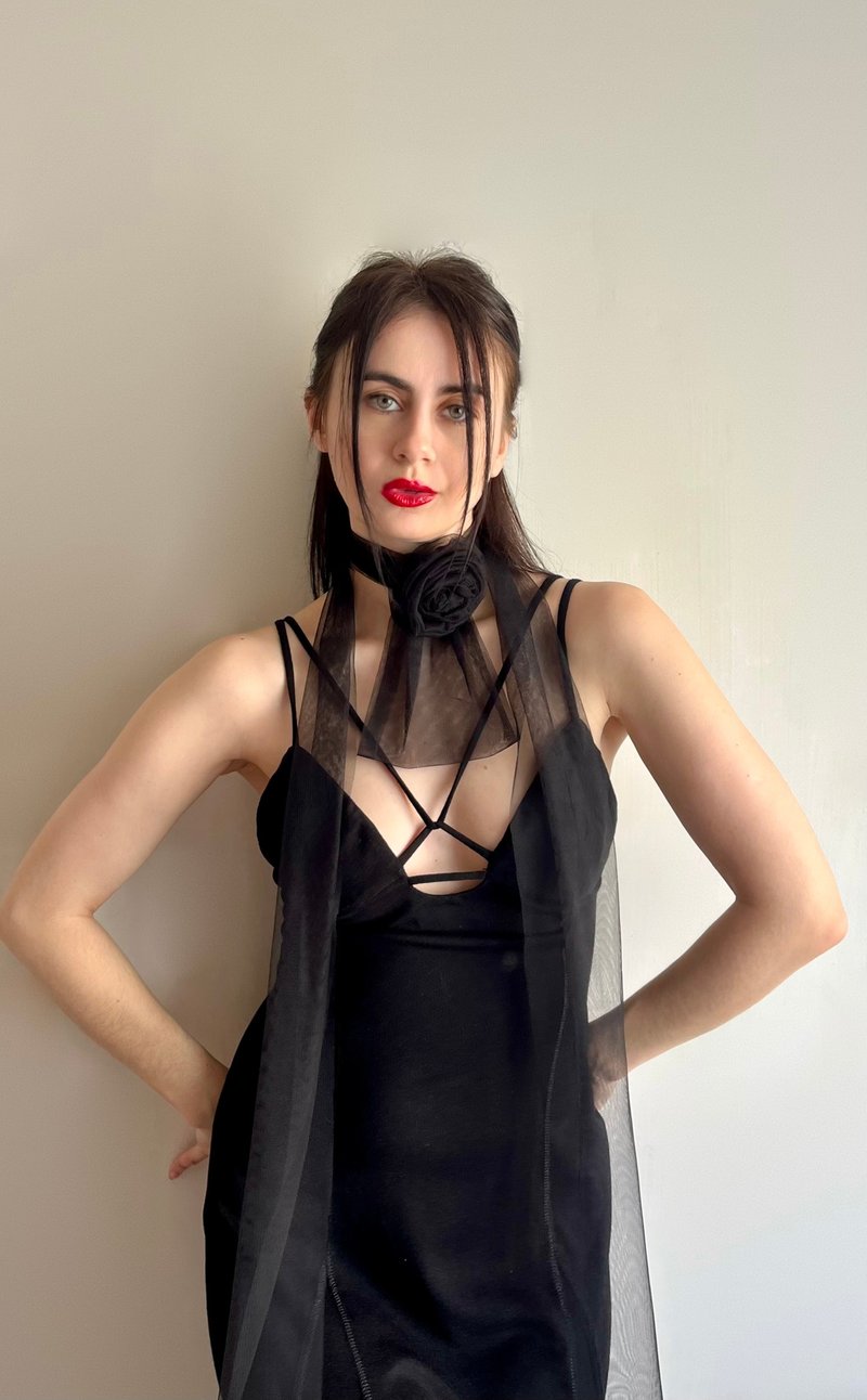 黑色网纱花朵颈链, 歌德风黑色玫瑰花卉细网纱围巾 - 丝巾 - 其他材质 黑色