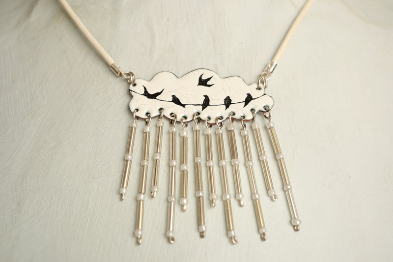 Jewelry, Necklace, Cloud, Birds, Enamel Necklace, Cloud Necklace, Rain, - 项链 - 珐琅 白色