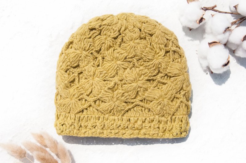 手织纯羊毛帽/针织毛帽/内刷毛手织毛帽/毛线帽-北欧风清新花朵 - 帽子 - 羊毛 黄色
