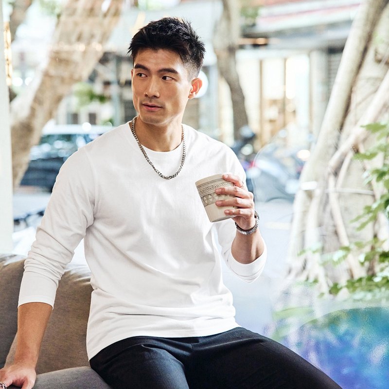 【24H快速出货】JOBS/超重磅厚磅高磅硬挺修身素色长袖男生T恤 - 男装上衣/T 恤 - 棉．麻 白色