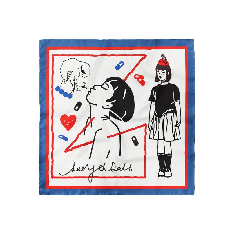 插画师周边 ::真丝丝巾100%silk:: — 治愈 女孩 药丸 心形 方巾 - 丝巾 - 丝．绢 多色