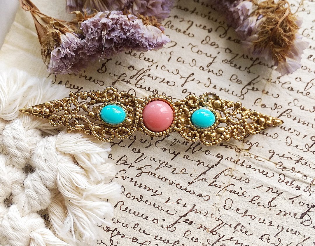 Vintage Jewelry 西洋古董饰品  维多利亚风格 唯美 一字 别针 - 徽章/别针 - 其他金属 金色