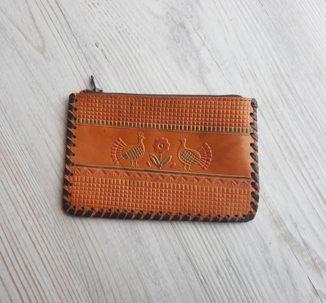 Turkeys and flower small vintage purse  - old Soviet leather zip porte-monnaie - 零钱包 - 真皮 咖啡色