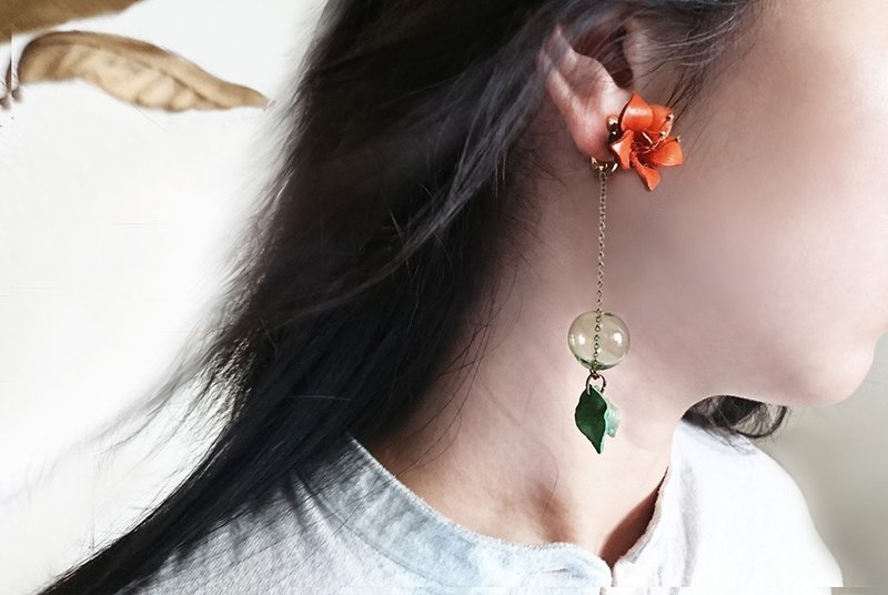 木棉花皮革夹式耳环-不对称风格 - 耳环/耳夹 - 真皮 