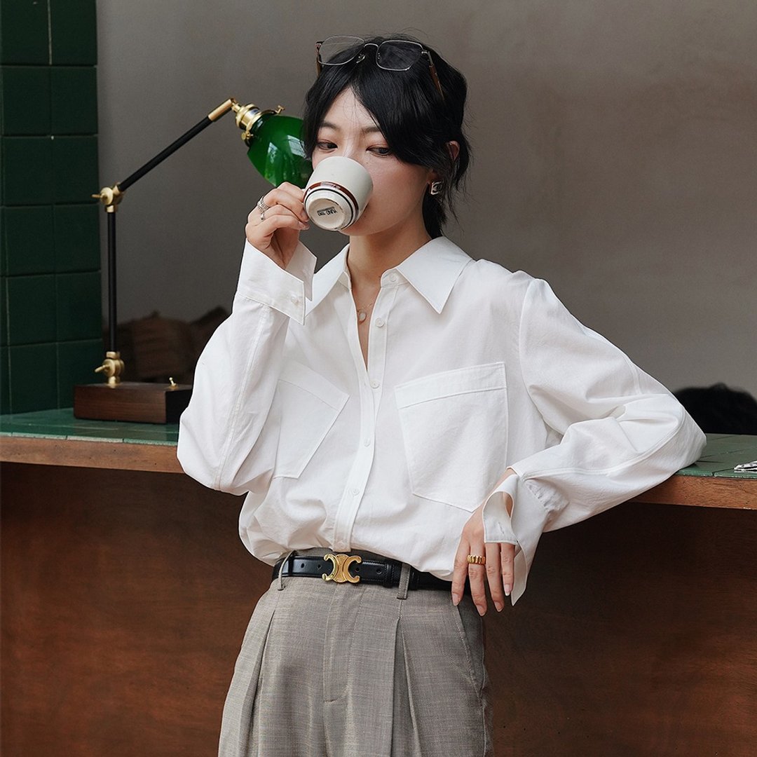白色斜口袋衬衫|衬衫|夏秋款|Sora-1002 - 女装衬衫 - 棉 白色