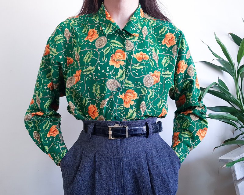 复古 1980 年代巴洛克风格衬衫花卉绿橙金黄色衬衫男女通用衬衫 - 女装上衣 - 聚酯纤维 绿色