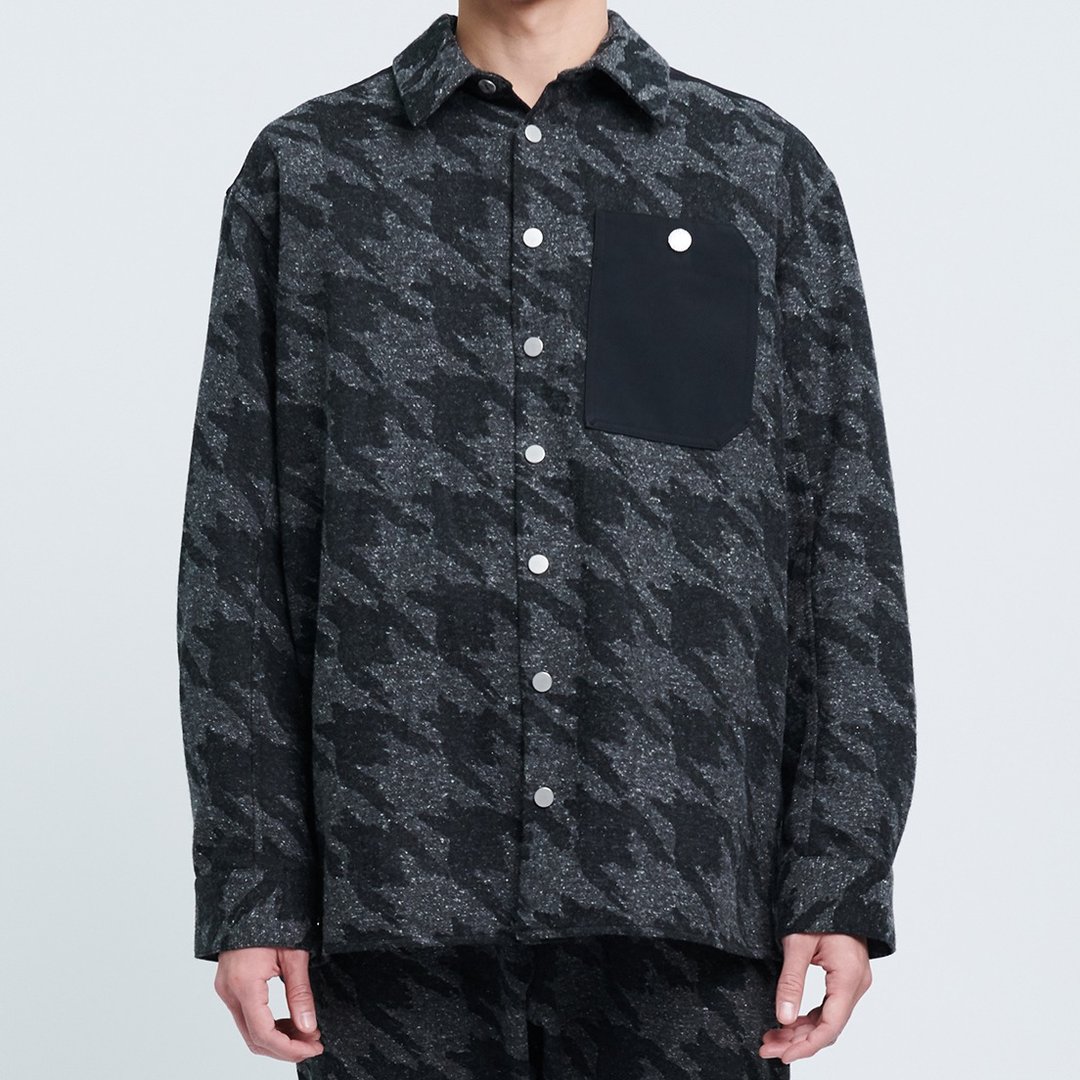 POKE shirt 黑色千鸟格纹棉质刷毛口袋衬衫 灰色宽版法兰绒衬衫 - 男装衬衫 - 棉 黑色