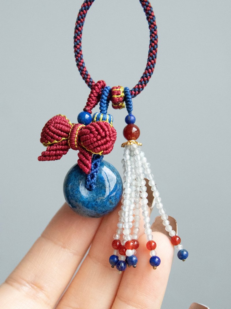 天然阿富汗老矿料青金石面包圈 绳编蝴蝶结 水晶流苏 包挂 钥匙扣 - 吊饰 - 半宝石 