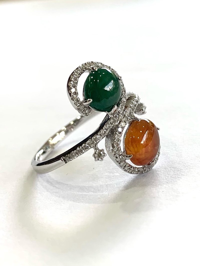 天然翡翠钻石戒指 A货缅甸翡翠 绿翡翠 红翡翠 南非钻 14K 附证书 - 戒指 - 玉石 