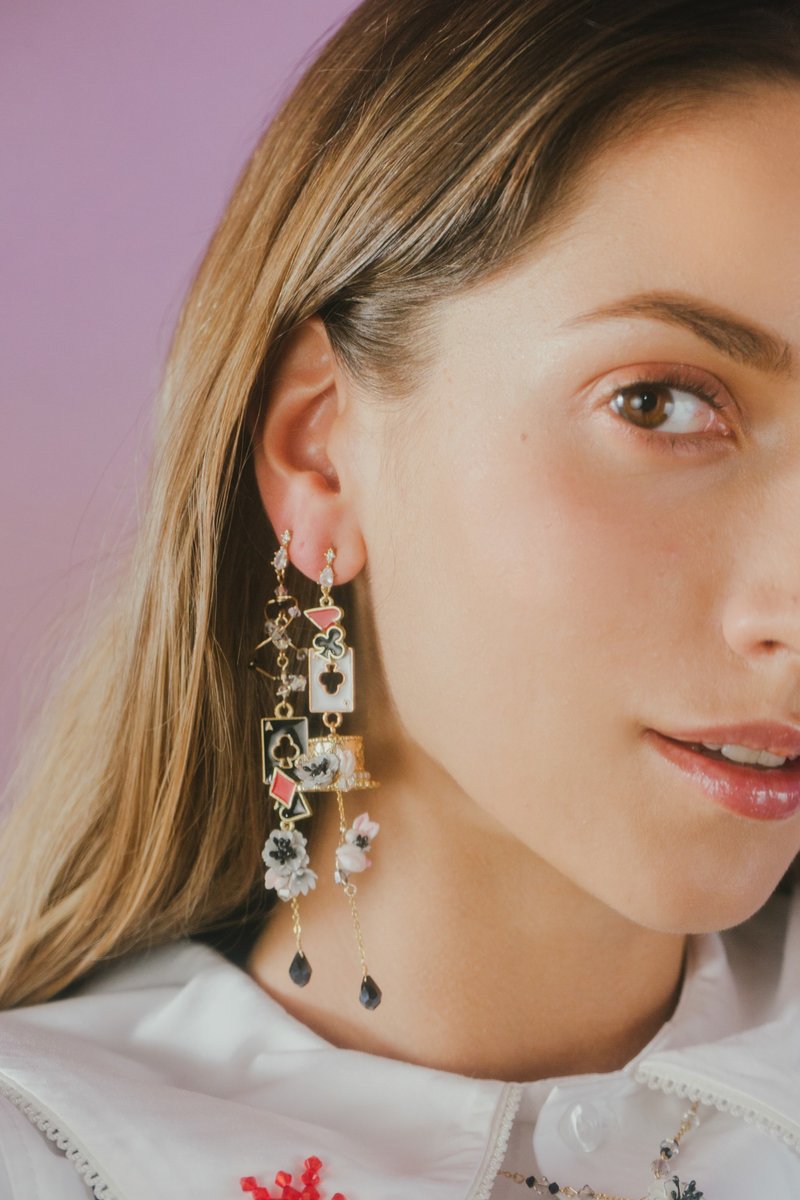 花帽戏法扑克牌S925镀金耳环 - 耳环/耳夹 - 粘土 白色