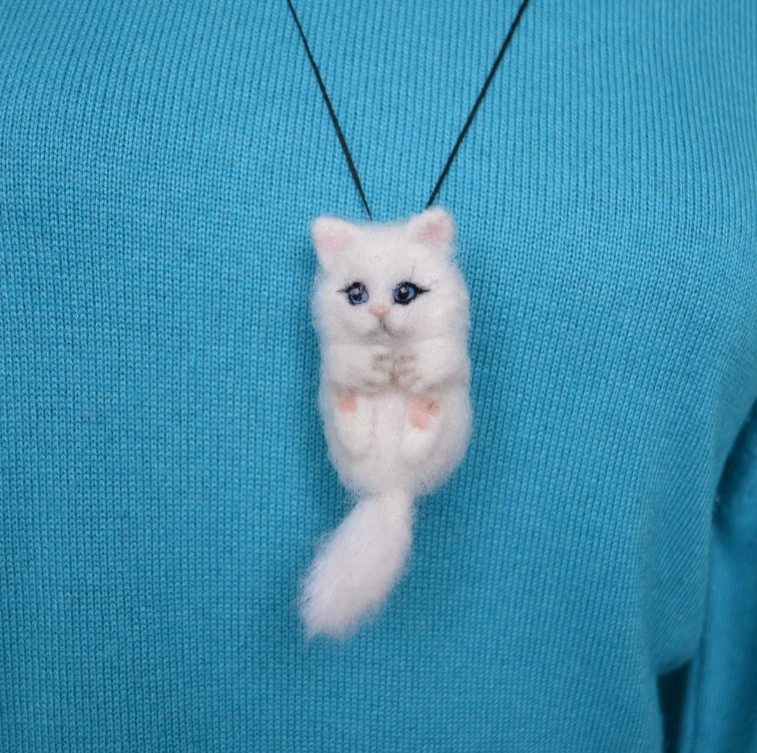 手工可爱猫咪项链吊坠女式针毡羊毛动物饰品 - 项链 - 羊毛 白色