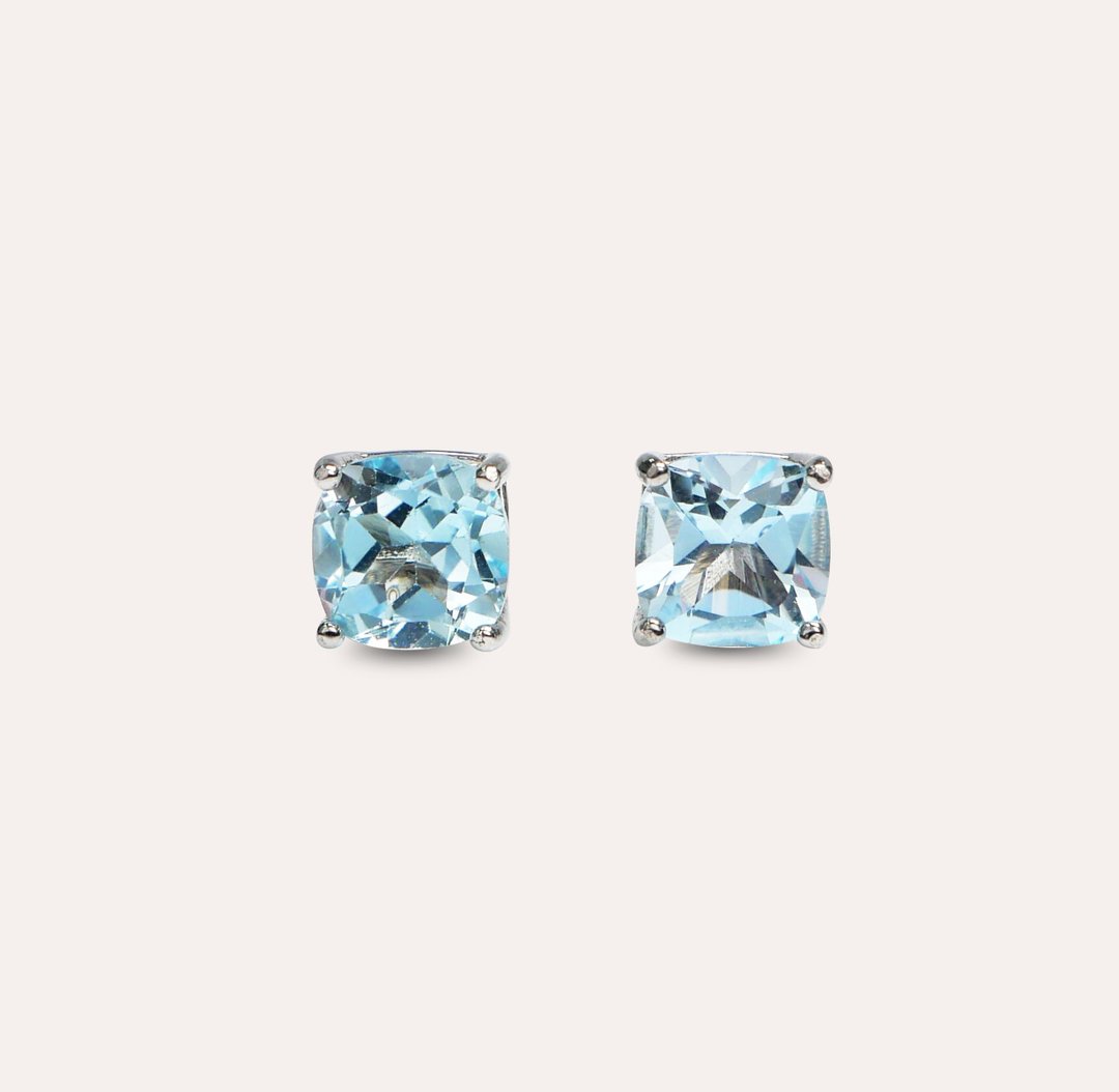 安珠 托帕石 蓝色 方形 7mm 耳环 经典系列 Square E 宝石银饰 - 耳环/耳夹 - 银 蓝色