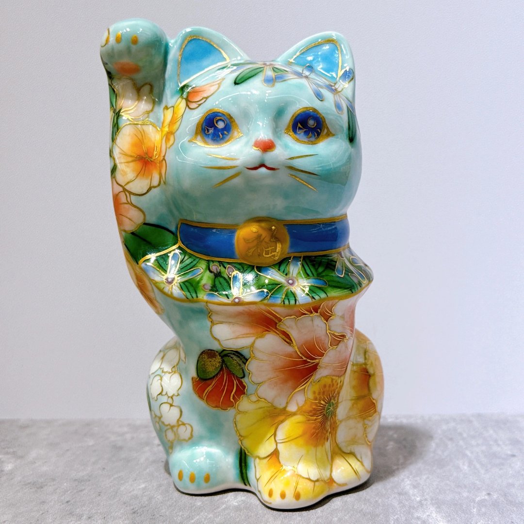 【水色洋华】日本清水烧招财猫 | 色绘 水色 洋花 - 摆饰 - 瓷 蓝色