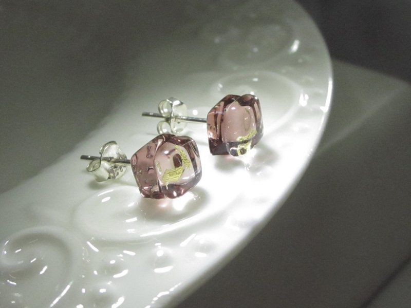 ×| 金箔系列 |× 琉璃耳环- STV粉紫-方型 - 耳环/耳夹 - 玻璃 紫色