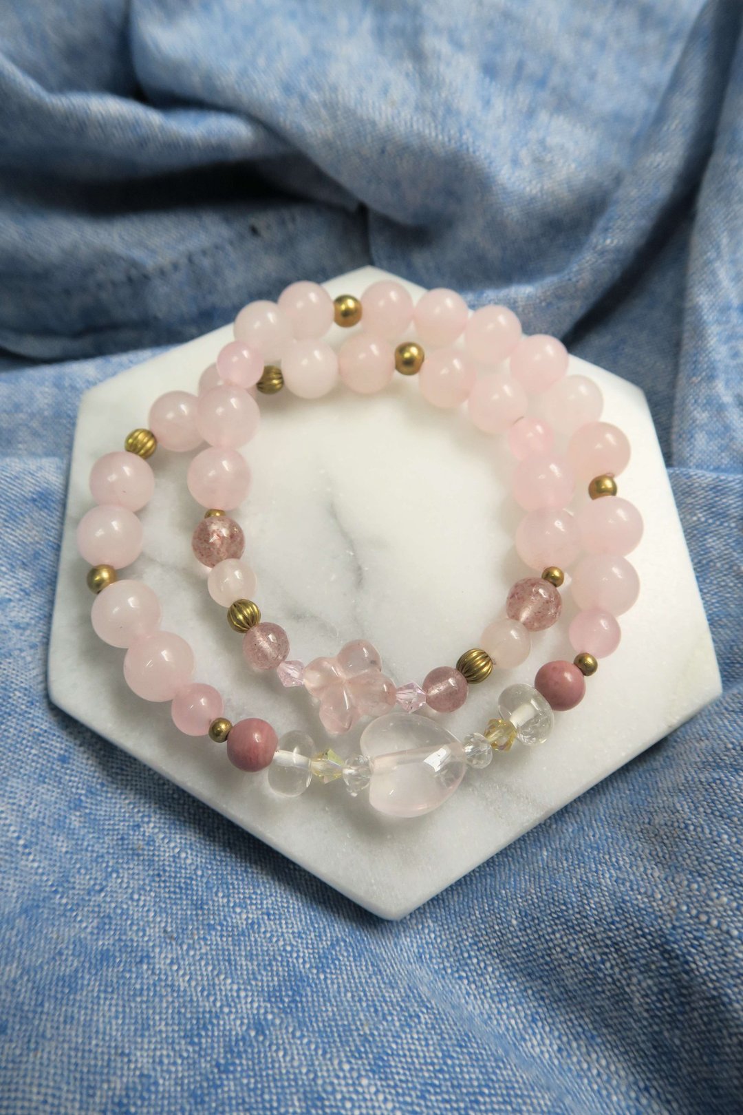 心形.粉晶.草莓晶.红纹石. 菱锰矿. 粉玉髓 手链 情人节礼物 - 手链/手环 - 宝石 粉红色