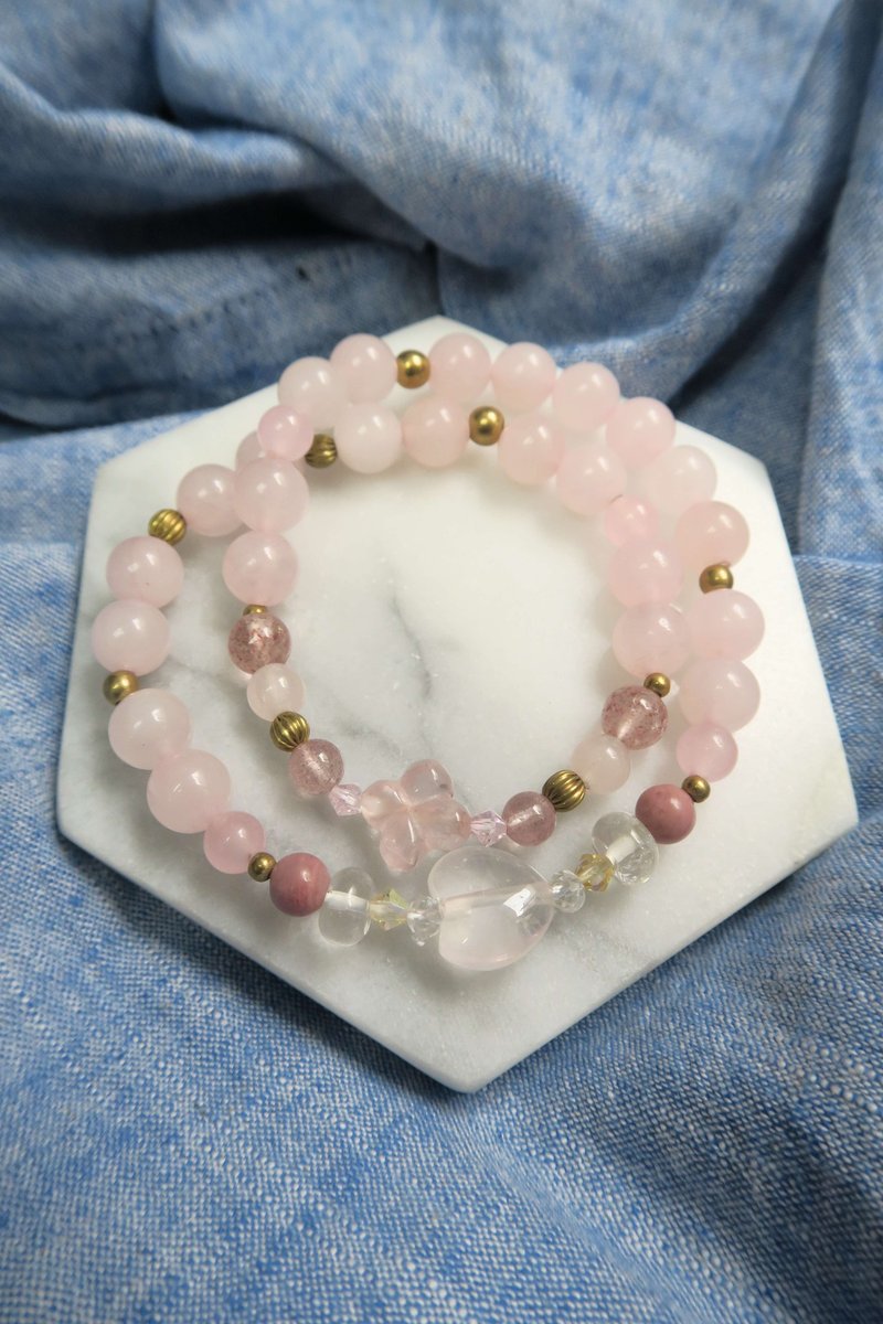 心形.粉晶.草莓晶.红纹石. 菱锰矿. 粉玉髓 手链 情人节礼物 - 手链/手环 - 宝石 粉红色