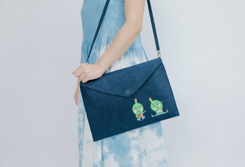 插画 X 绣花电脑文件功课 多用途斜背包手拿包 - 天使与魔鬼系列 - 手拿包 - 绣线 蓝色