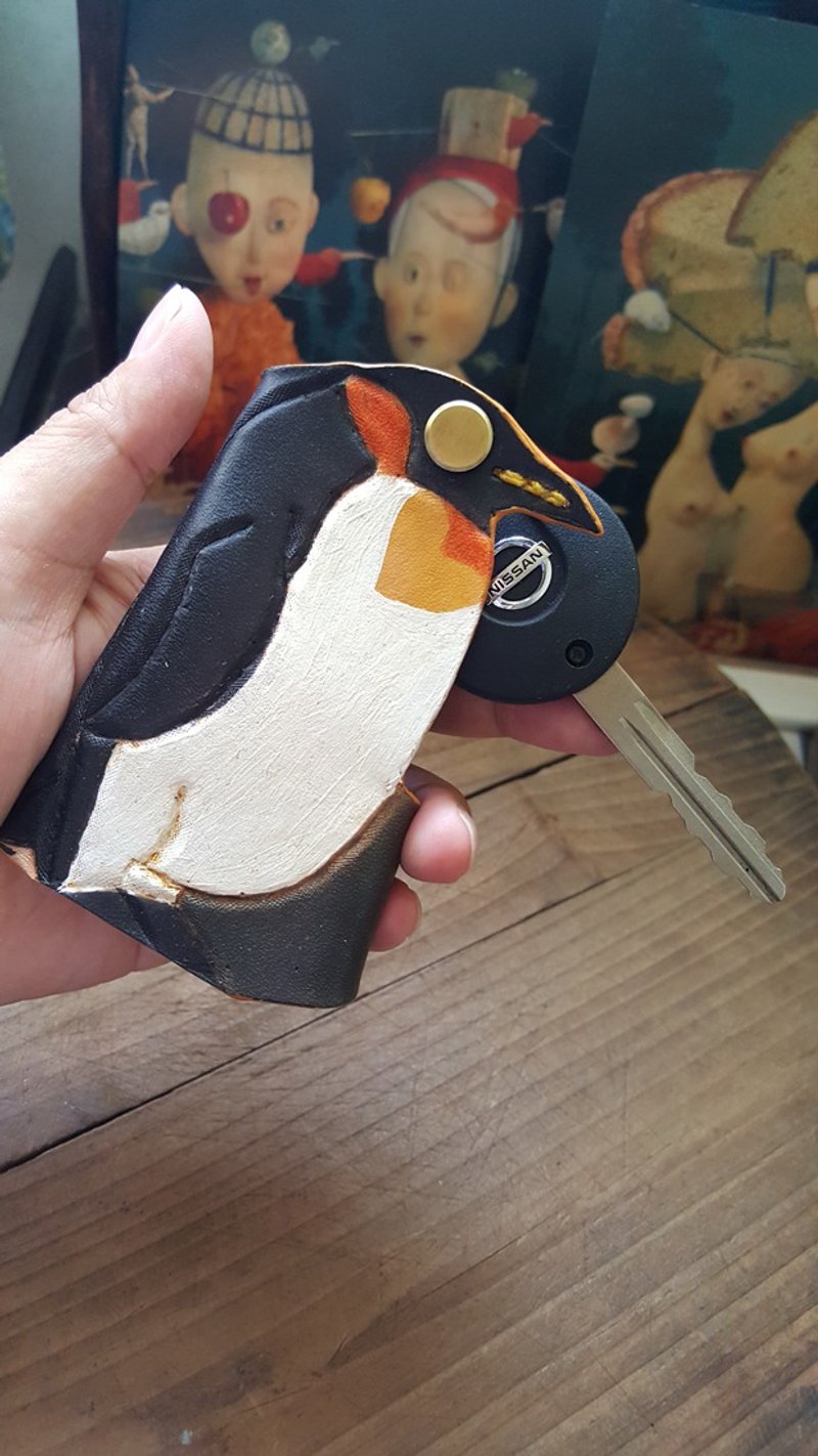 可爱国王企鹅 纯牛皮皮革汽(机)车感应钥匙套 - 钥匙链/钥匙包 - 真皮 黑色