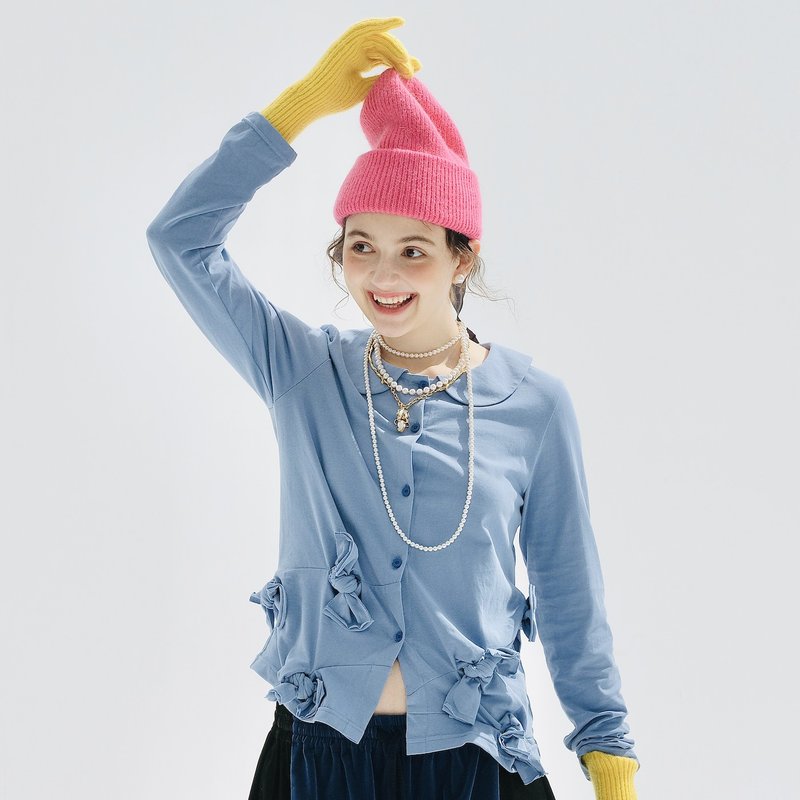 蓝色蝴蝶结棉衬衫 / 外套 - 女装衬衫 - 棉．麻 蓝色