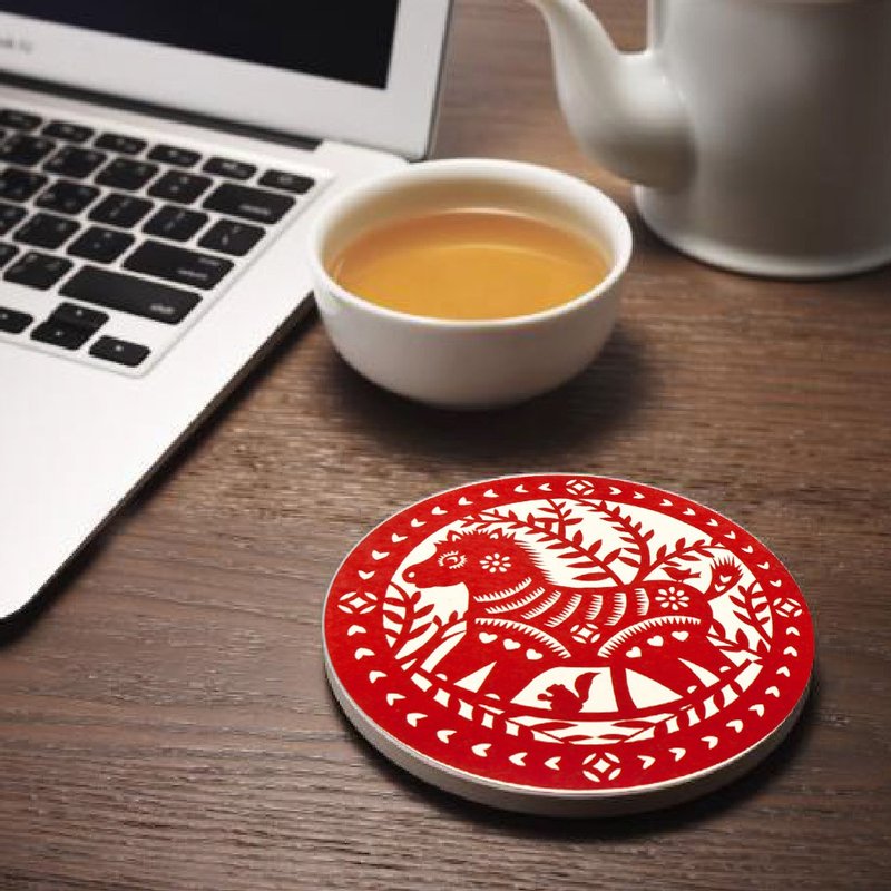 【玩美文创】台湾剪纸系列_吸水陶瓷_转运马转运杯垫 - 杯垫 - 陶 红色