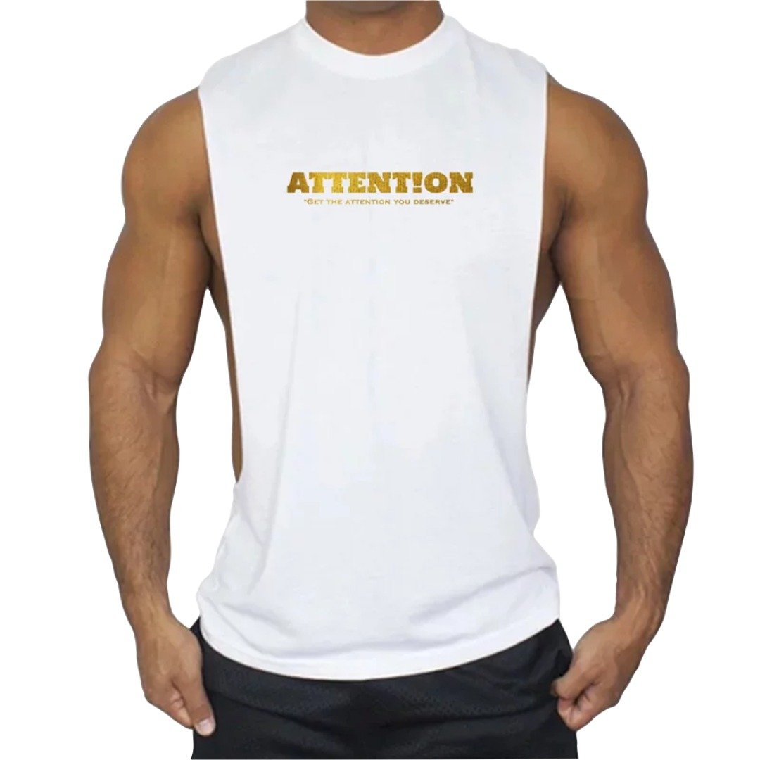 AttentionWear运动挖背背心【白色烫金款】│ATTENTION 吸湿排汗 - 男装背心 - 棉 白色