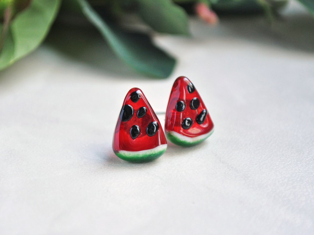 Watermelon slice Studs earrings for girls Glass fruit jewelry Birthday gift - 耳环/耳夹 - 玻璃 红色
