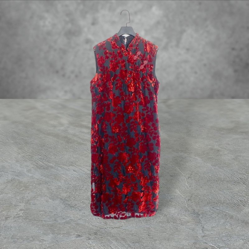 二手 黑红 织纹绒 轻薄 古董订制 旗袍 PF522 - 洋装/连衣裙 - 聚酯纤维 黑色