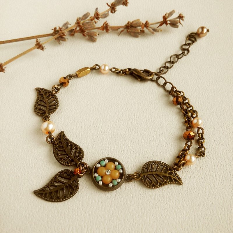 马约利卡(橘)不对称手链 古典 优雅 雕花叶 拼贴 小花砖 浮雕 - 手链/手环 - 珍珠 橘色