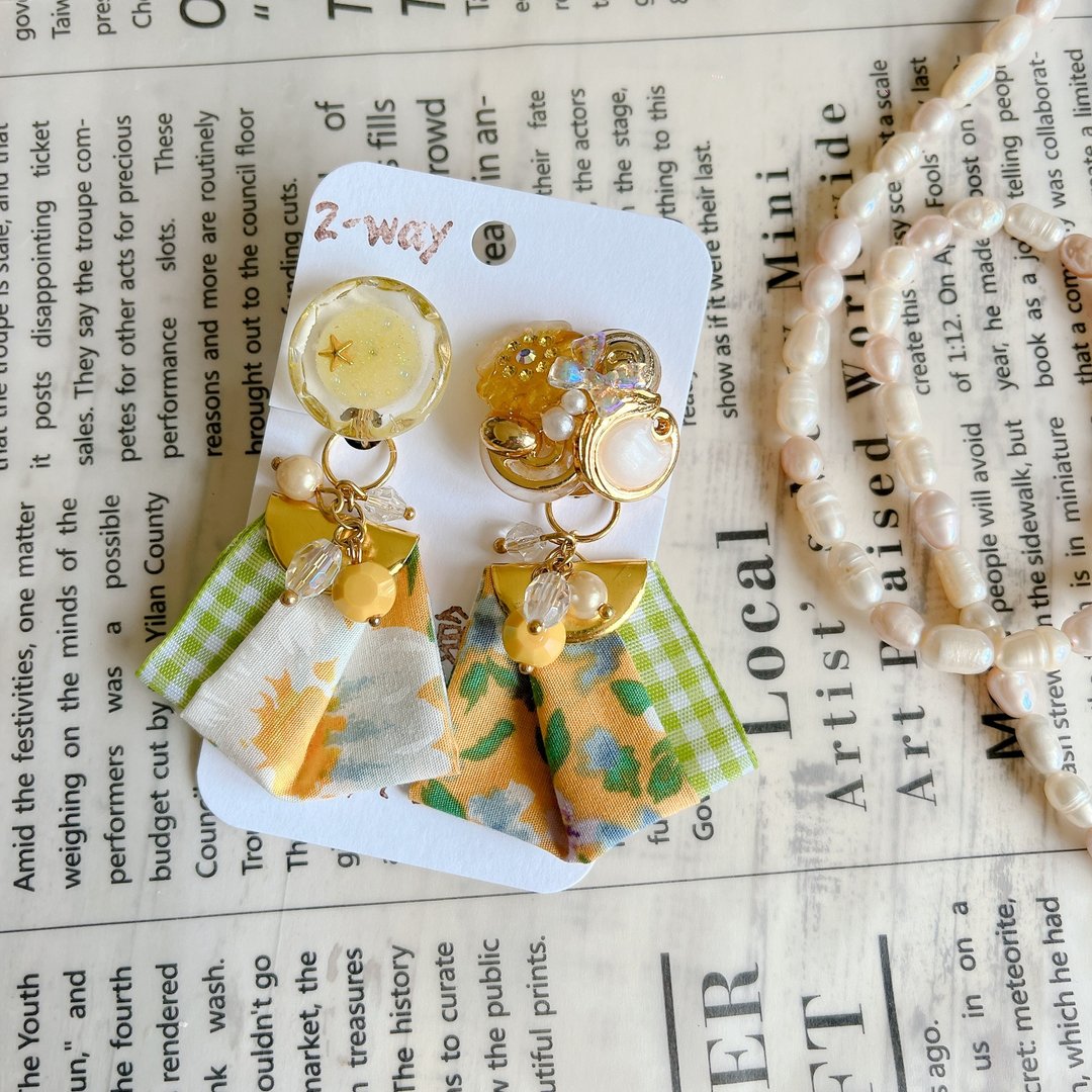wow handmade 蜂蜜草原 缎带 复古钮扣耳环 2way设计 - 耳环/耳夹 - 其他材质 