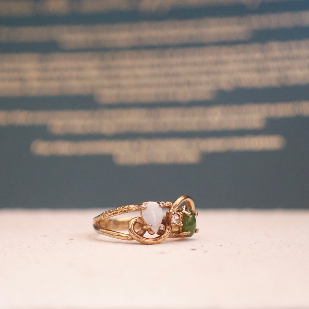 古董14KT G.E. 镀金Toi-et-moi ring 蛋白石与玉石双宝石戒指 - 戒指 - 其他金属 金色